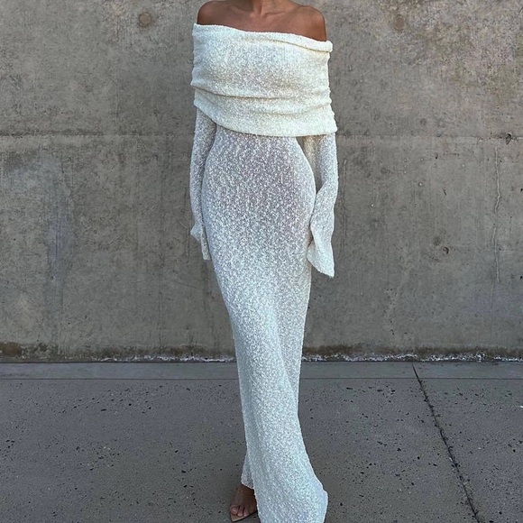 Meshki Dresses & Skirts - MESHKI Marisol Ivory Off Shoulder Boucle Maxi Dress, Size XXS